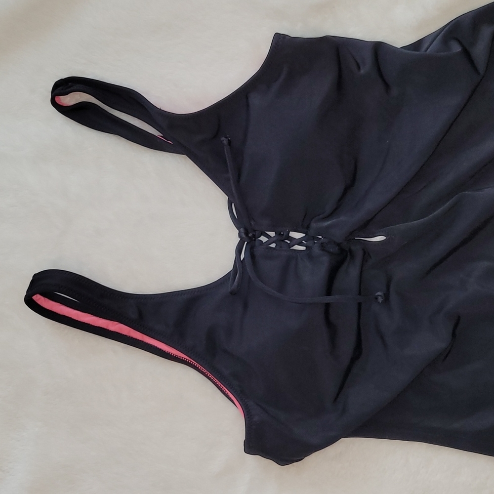 Pink Victoria’s Secret Black Tie Front One Piece Swimsuit Size Medium - Picture 2 of 11